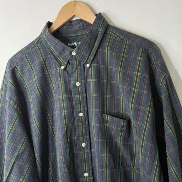 Vtg 90s Ralph Lauren Shirt Mens XXL Big Shirt Green Plaid LS Button Down Preppy - Picture 5 of 11